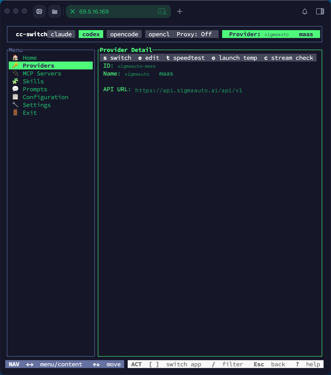 cc-switch provider detail showing sigmaauto maas and API URL