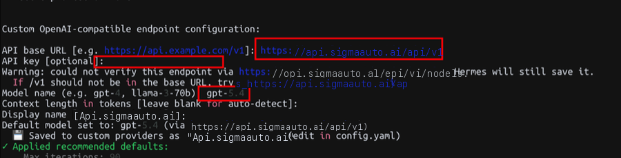 Hermes Agent configuration - Custom OpenAI-compatible endpoint
