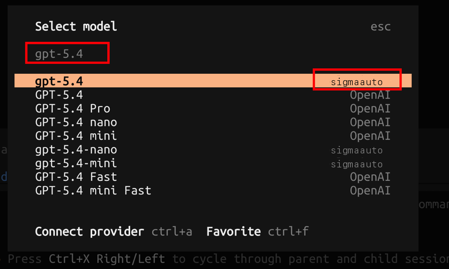 OpenCode Select Model - sigmaauto provider