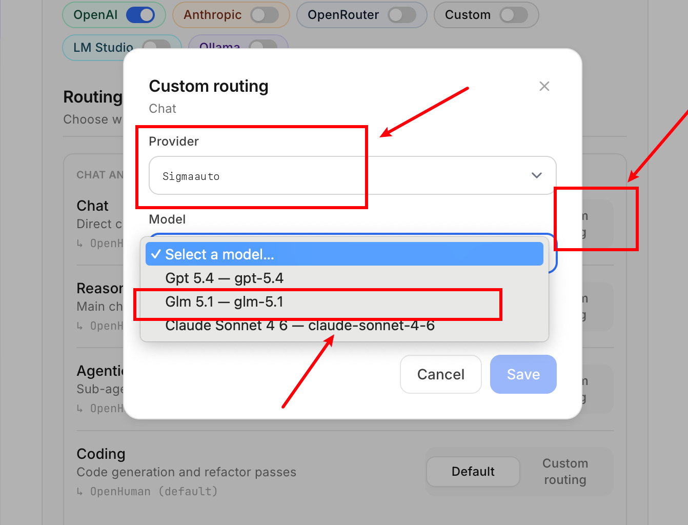OpenHuman save configuration and select model