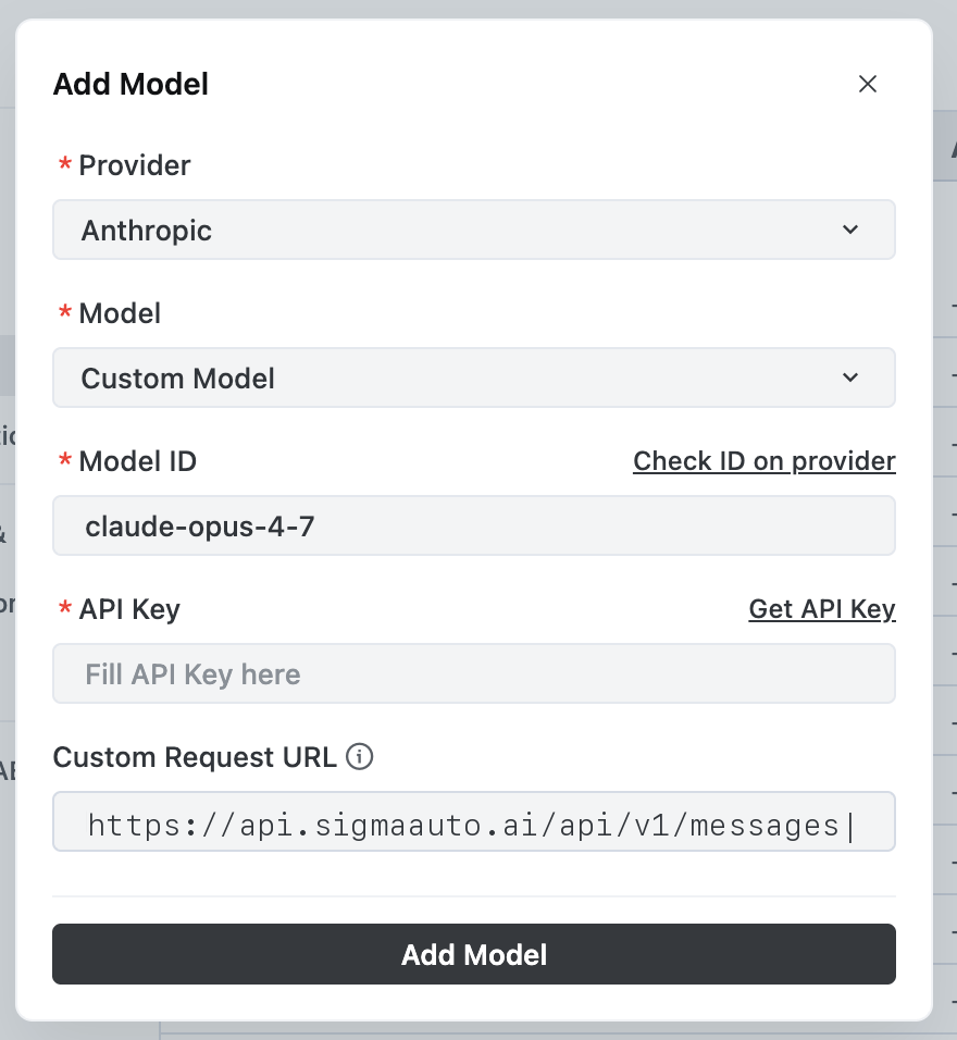 TRAE IDE Edit Model dialog configured for Anthropic claude-opus-4-7 via Sigma