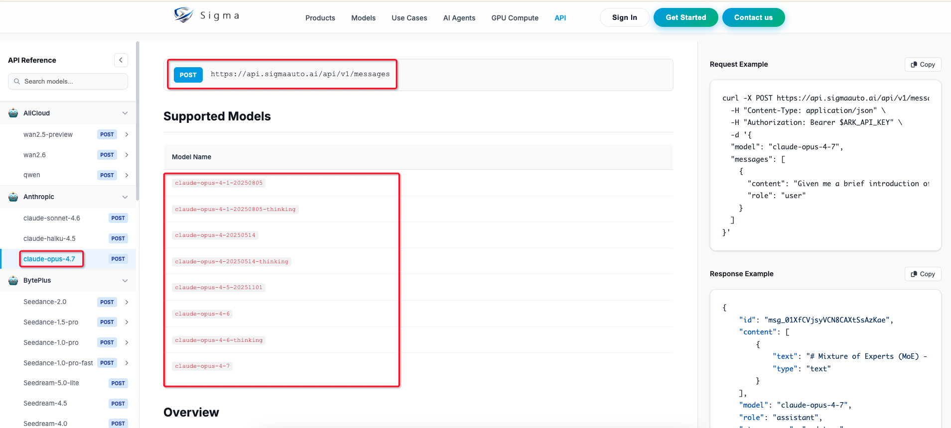 Sigma API Reference showing Anthropic Claude model list and POST endpoint