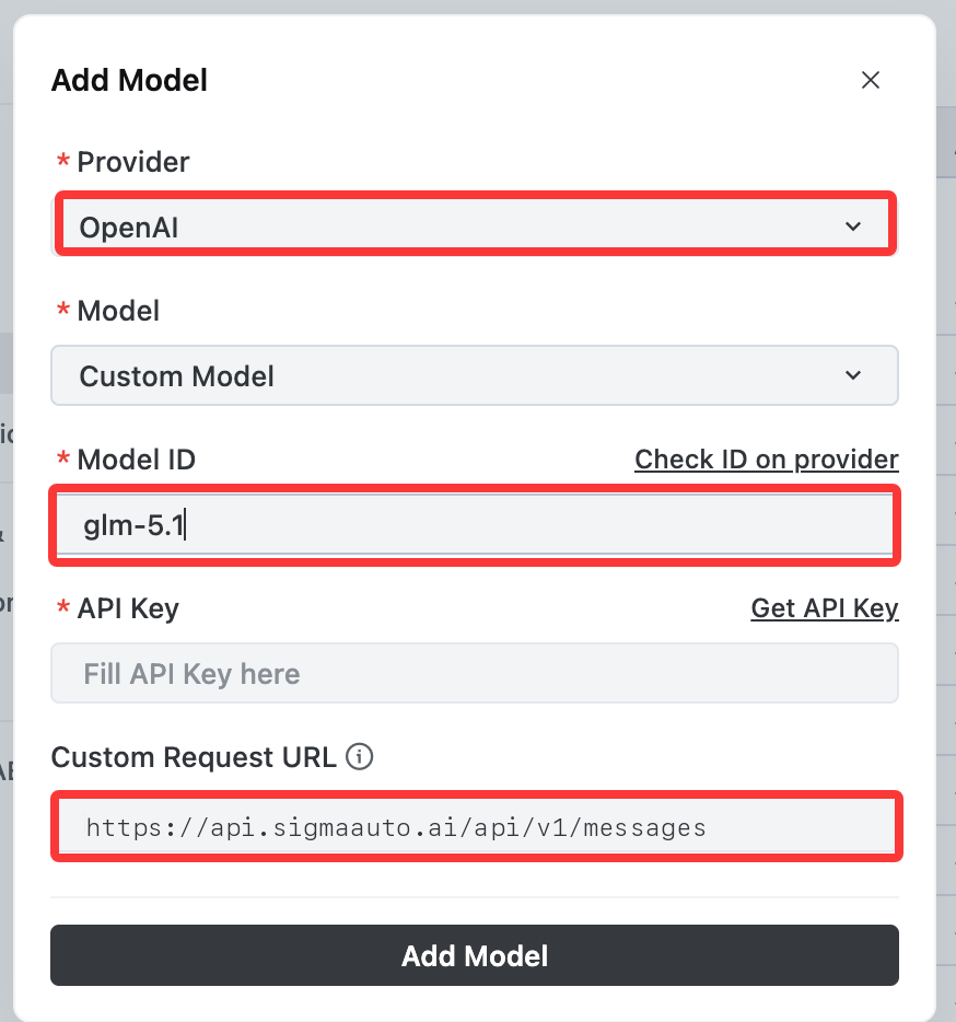 TRAE IDE Edit Model dialog configured for OpenAI glm-5.1 via Sigma