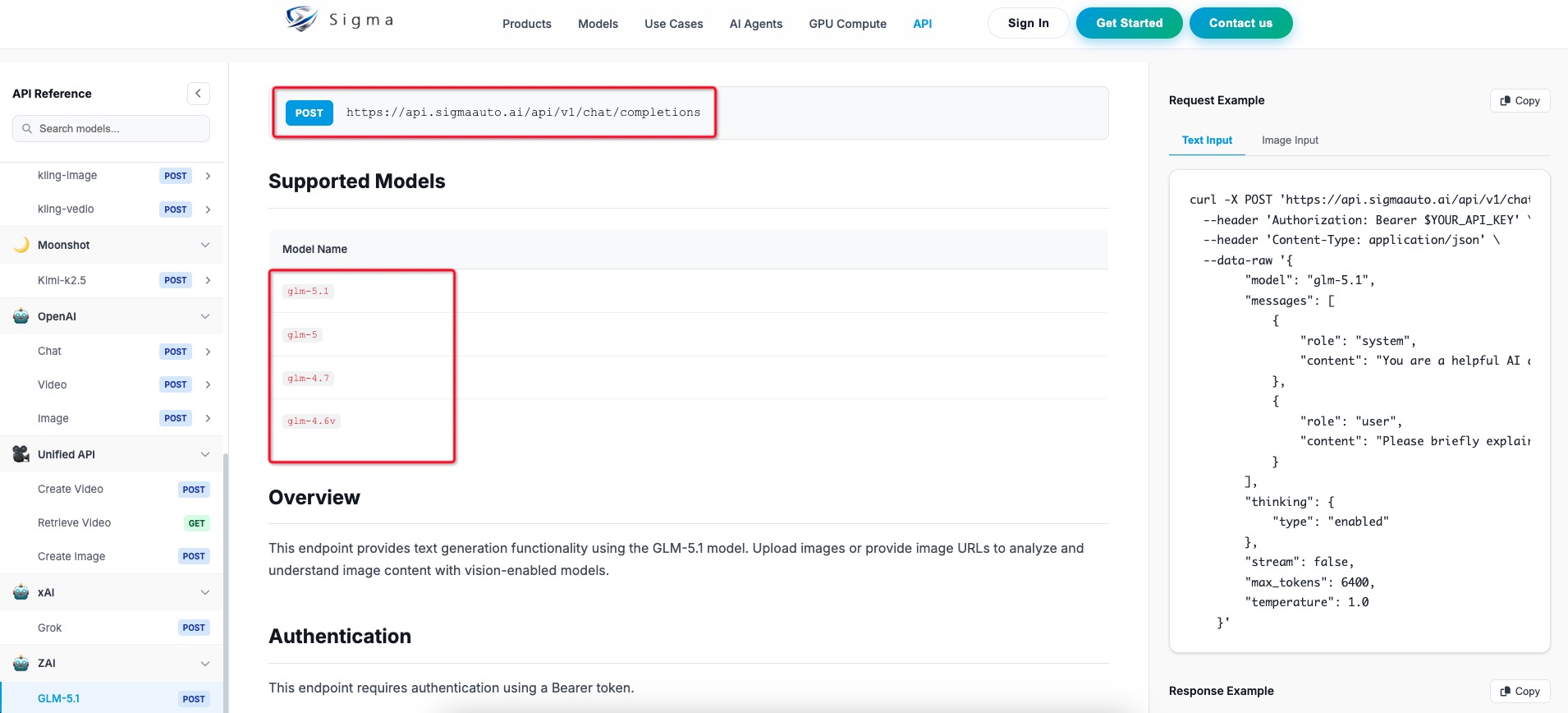Sigma API Reference showing GLM-5.1 model list and POST endpoint