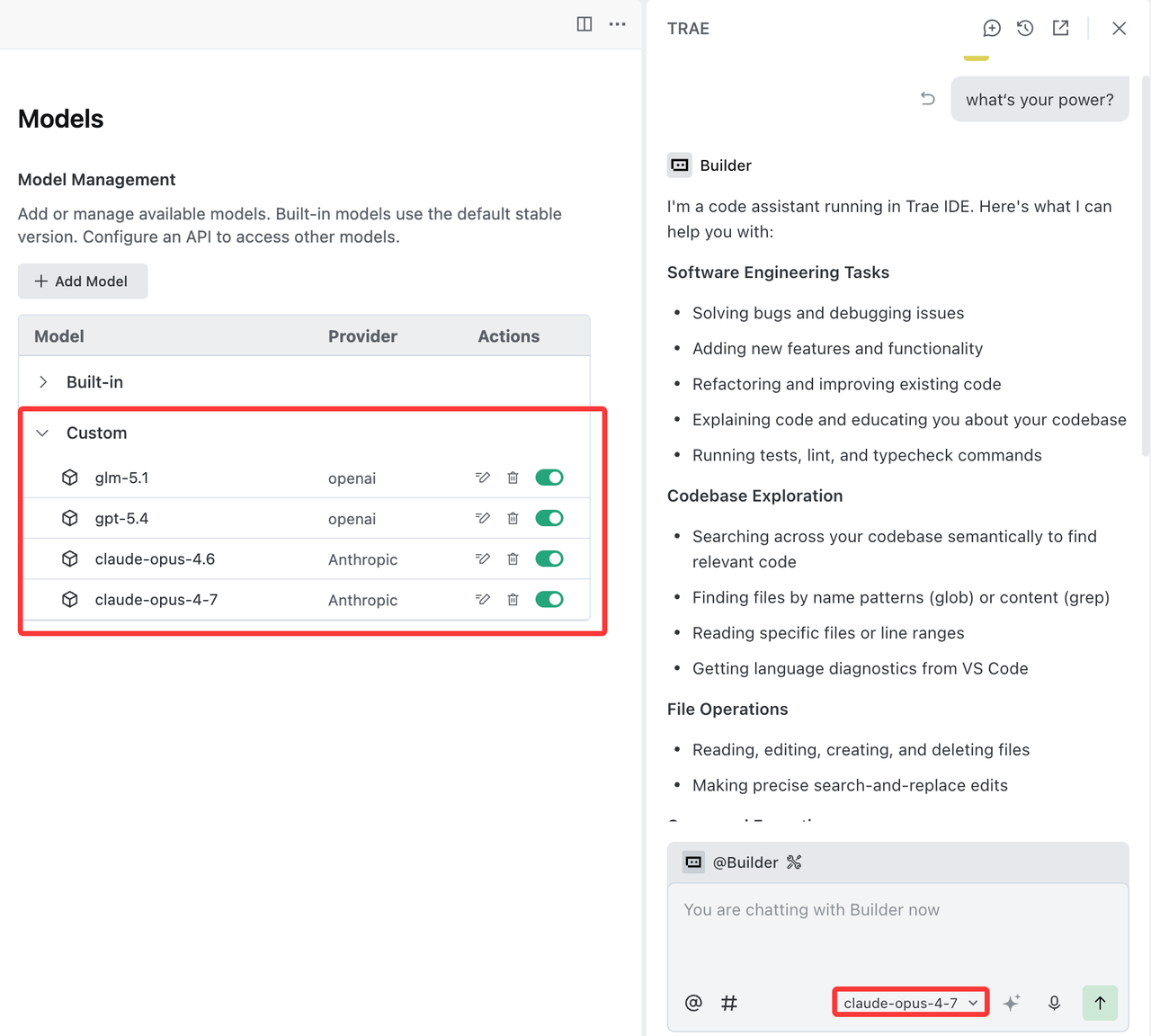 TRAE IDE model settings showing all added custom Sigma models in the list