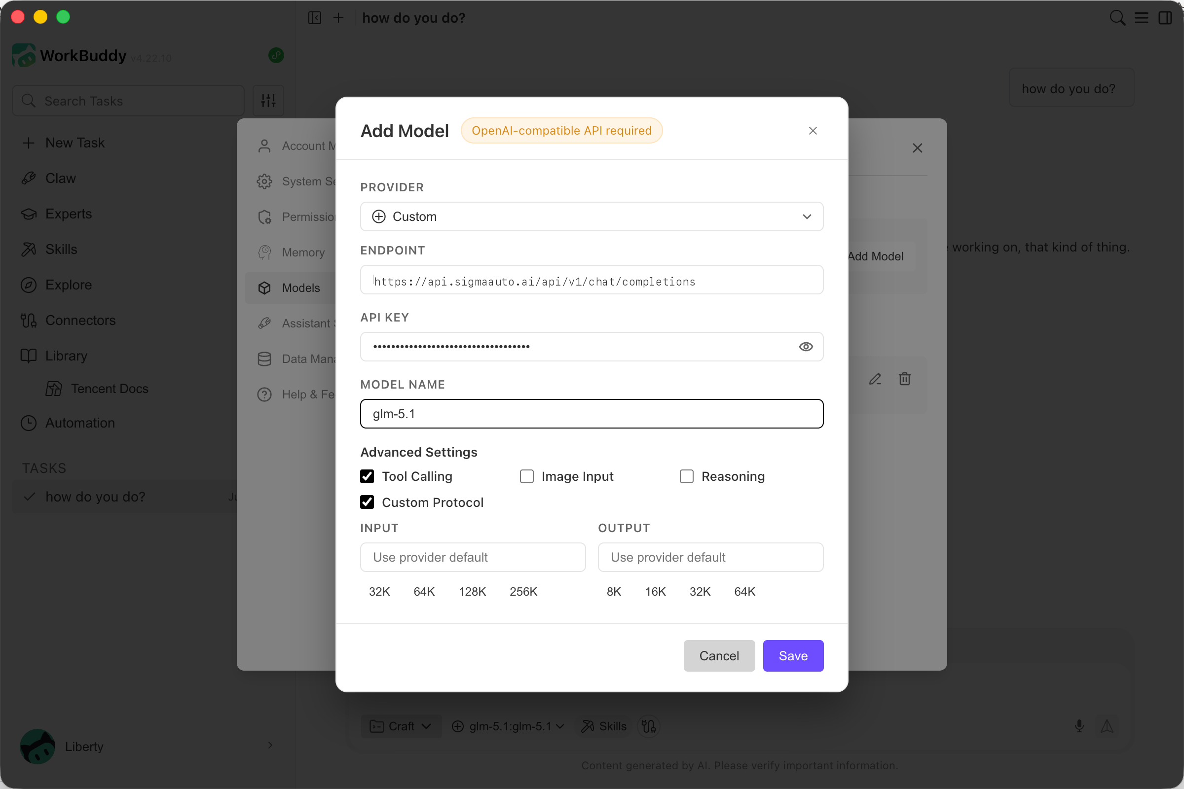 WorkBuddy Add Model dialog filled with Sigma endpoint, API key, and glm-5.1 model name