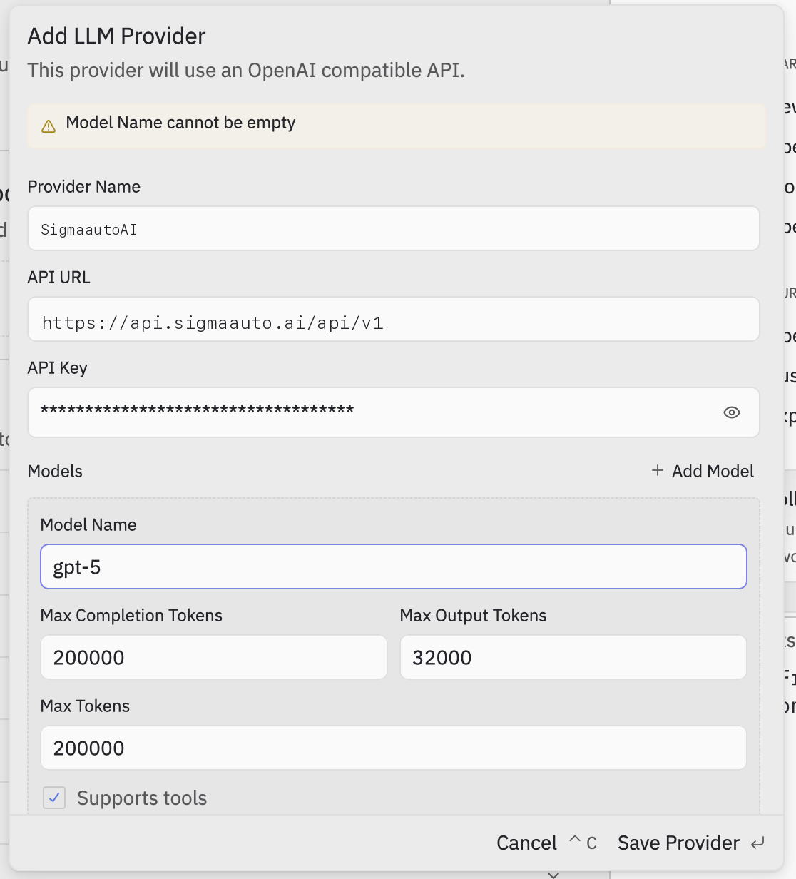 Zed add LLM provider dialog configured for SigmaAI
